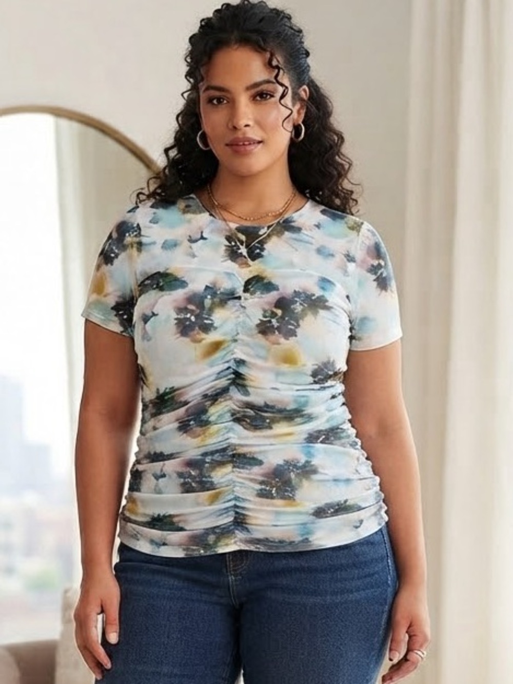 Torrid Stretch Mesh Crew Neck Ruched Top
